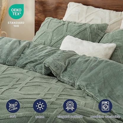 PHF Warm Sherpa Fleece King Comforter Set, 3D Tufted Fluffy Sage Green Bedding for Winter, Soft 2 Pieces Shaggy Bed Set, 1 Comforter (104"x90") and 2 Pillowcases (20"x36")