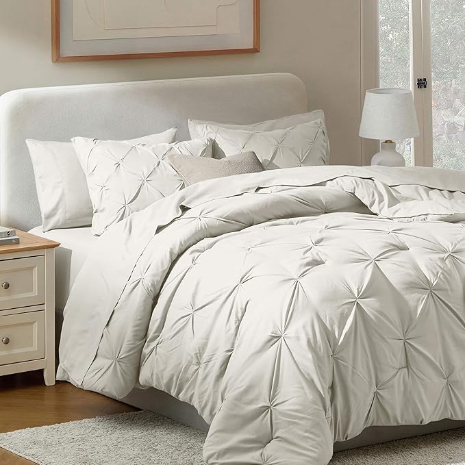 Nestl California King Comforter Set 7 Piece - Pintuck Cal King Comforter Set Off White, California King Bed in a Bag, All Season Bed Set with Flat Sheet and Fitted Sheet, Pillowcases and Shams