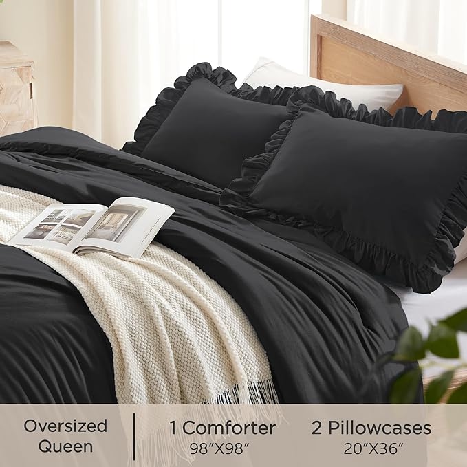 Andency Black Ruffle Comforter Oversized Queen(98x98Inch), 3 Pieces(1 Ruffled Comforter and 2 Pillowcases) Solid Farmhouse Shabby Chic Bed, Vintage Rustic Soft Microfiber Bedding Set