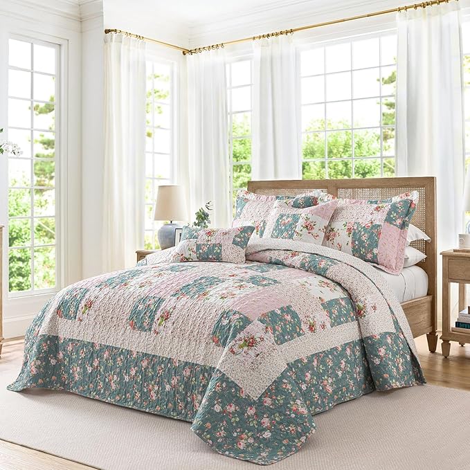 BEDIFANY French Style King Size Quilt Set for Farmhouse - 3 Pieces Cotton Filling Garden Lightweight Bedspreads King with Floral Pattern - All Season Quilt Bedding Sets for Decorations