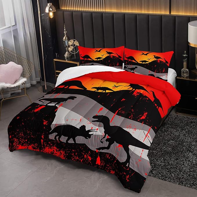 Cartoon Dinosaur Comforter Set Twin 3Pc Kawaii Dinosaur Bedding Set All Season with Tree, Leaf Decoration Includes 1 Comforter, 2 Pillowcases for Kids Girls Teens