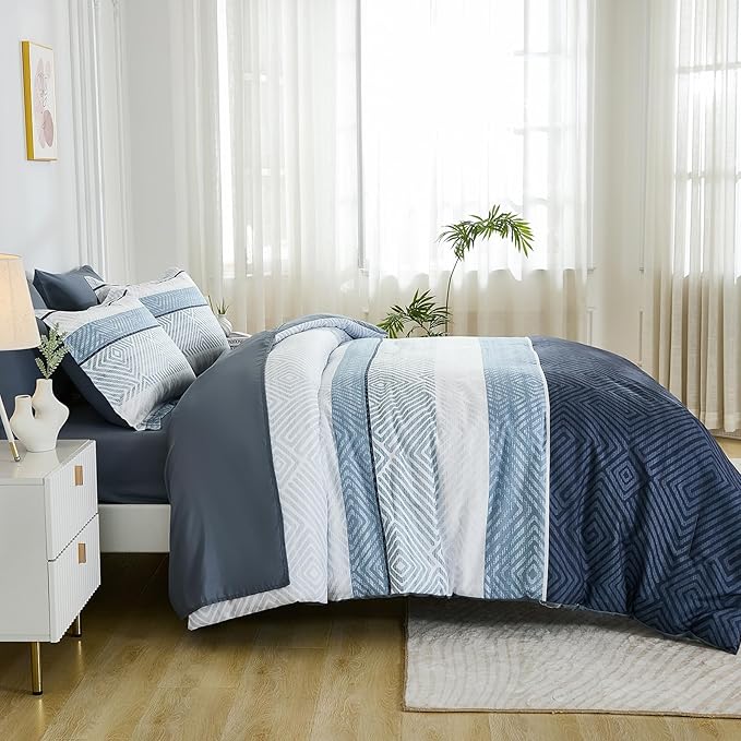 Drucon Comforter Set California King Size 7 Piece Bed in a Bag Boho Blue Striped Bedding Set Soft Microfiber Comforter and Sheet Set for All Season (Cal King, 104"x96")