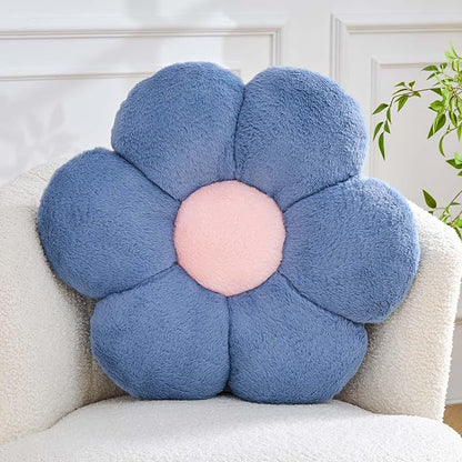 Flower Pillow Cute Decorative Throw Pillow with Faux Rabbit Fur Soft Daisy Plush Floor Cushion Aesthetic Flower Shaped Pillow Home Decor for Bed Sofa Couch (Dusty Blue, 14.9 Inch)