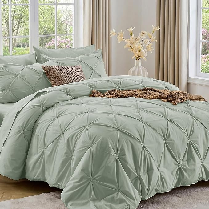 Sasttie California King Comforter Set, 7-Piece Bed in a Bag Cal King, Pintuck Bedding Set for All Season, Includes Comforter, Flat Sheet, Fitted Sheet, Pillowcases and Pillowshams, Sage Grey