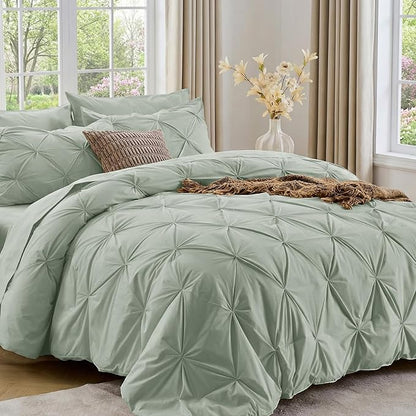 Sasttie California King Comforter Set, 7-Piece Bed in a Bag Cal King, Pintuck Bedding Set for All Season, Includes Comforter, Flat Sheet, Fitted Sheet, Pillowcases and Pillowshams, Sage Grey