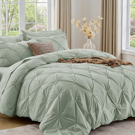 Sasttie California King Comforter Set, 7-Piece Bed in a Bag Cal King, Pintuck Bedding Set for All Season, Includes Comforter, Flat Sheet, Fitted Sheet, Pillowcases and Pillowshams, Sage Grey