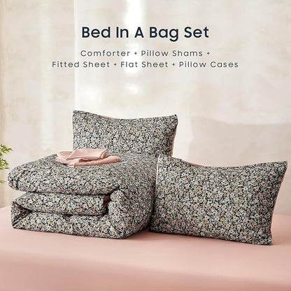 Wake In Cloud - Floral Comforter Set with Sheets, Cute Vintage Flower Cottagecore Aesthetic for Women Teen Girls, 5 Pieces Bed in a Bag, Black, Twin Size