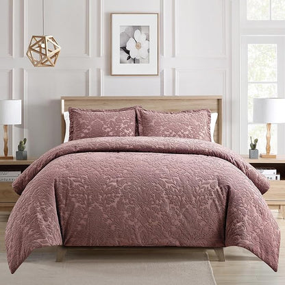 Sunshine Nicole Velvet Jacquard Comforter Set, Velvet Jacquard Face and Brushed Solid Microfiber Reverse, with Light Weight Soft Poly Fill, 3 Pieces Dusty Mauve, Queen