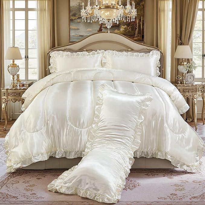 Satin Queen Comforter Silk Like Bedding 4 Pcs Hotel Soft Polyester White Bed Set Luxury Silky Body Pillow Cover Ruffle Home Decor