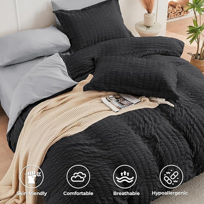 HYMOKEGE Black/Light Grey King Size Comforter Set Seersucker 7 Pieces, All Season Luxury Bed in a Bag for Bedroom, Bedding Set with Comforter, Sheets, Pillowcases & Shams