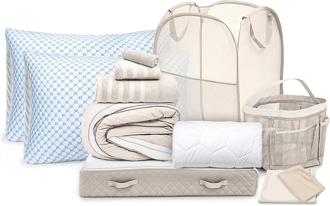 Hearth & Harbor Complete Dorm Room Set, Twin XL Comforter Set, Sheet Set, Pillows, Mattress Protector, Towels and Organizers - All Dorm Accessories Included