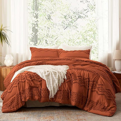 Luxudecor Terracotta Boho Tufted Comforter Set Queen Size 3 Pieces Boho Shabby Chic Comforter Farmhouse Embroidery Bedding Set Soft Comforter for All Seasons (Terracotta, 90''x90'')