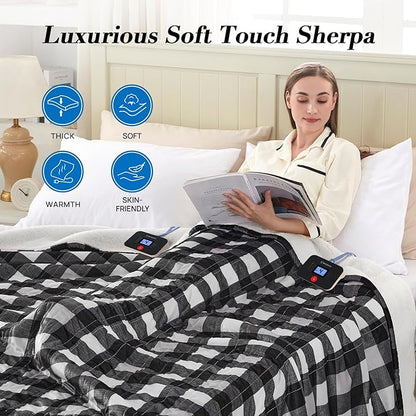 Westinghouse King Size Heated Blanket, Soft Flannel to Sherpa Electric Blanket with Dual Control 10 Heating Levels & 1 to 12 Hours Auto Off, Fast Heating, Machine Washable, 100 * 90 Inch, Black