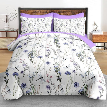 Comforter Set Queen Size, Botanical Flower Dragonfly 7 Pcs Bedding for Kids and Adults, Herb Plant Wildflowers Bed Sheet Sets with Fitted Sheet 2 Pillowcases & 2 Shams for Bedroom Bed Decor
