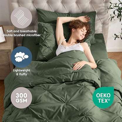 Nestl Twin XL Comforter Set 5 Piece - Pintuck Twin XL Bedding Set Olive Green, College Dorm Essentials Bed in a Bag, Twin XL Comforter Set for College Girls and Boys with Sheets, Pillowcase and Sham