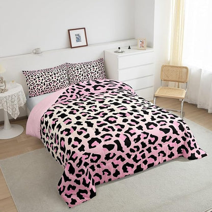 Feelyou Pink Leopard Bedding Set Cheetah Comforter Set for Kids Boys Girls Teens Room Decor Animal Print Comforter Queen Size Safari Duvet Set 3Pcs