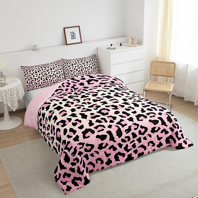 Feelyou Pink Leopard Bedding Set Cheetah Comforter Set for Kids Boys Girls Teens Room Decor Animal Print Comforter Twin Size Safari Duvet 2Pcs