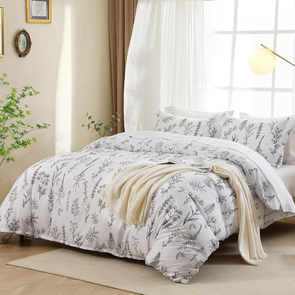 MUXHOMO White King Comforter Set, Elegant Floral Print Bed in a Bag 7 Pieces, Ultra Soft & Breathable Reversible Botanical Pattern Bedding Set with Comforter, Sheets, Pillowcases, and Shams