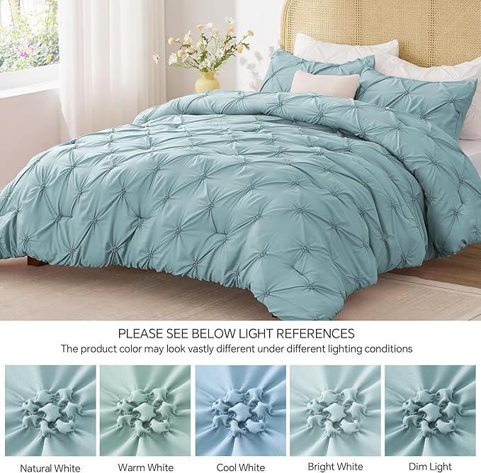 BEDELITE Dusty Blue King Size Comforter Set - 3 Pieces Boho Pintuck Bedding Comforter Sets, Lightweight Soft & Warm King Bedding Set with 2 Pillowcases for All Season