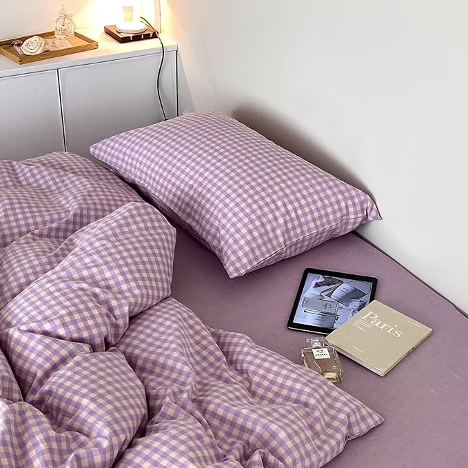 mixinni Purple Gingham Comforter Set Queen, Plaid Comforter Set 3 Pieces 1 Purple Grid Comfoter with 2 Pillow Cases for All Seasons, Soft Fluffy Modern Grid Pattern Printed Bedding-Queen Size
