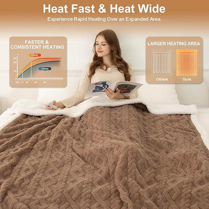 Full Size Heated Blanket 72"X84" Brown - Soft Thick Warm Sherpa Electric Blanket with 6 Fast Heating Levels & 10hrs LED Timer Auto Off for Women, Washable & ETL Certified for Bed Couch
