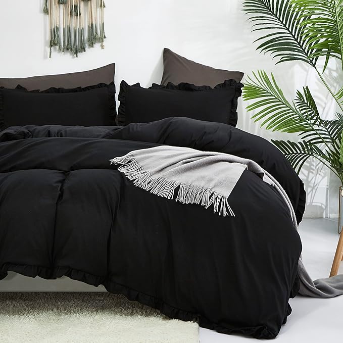CLOTHKNOW Black Ruffles Full Size Comforter Sets Farmhouse Bedding Comforter Sets Soft Shabby Chic Comforters with 2 x Pillow Cases