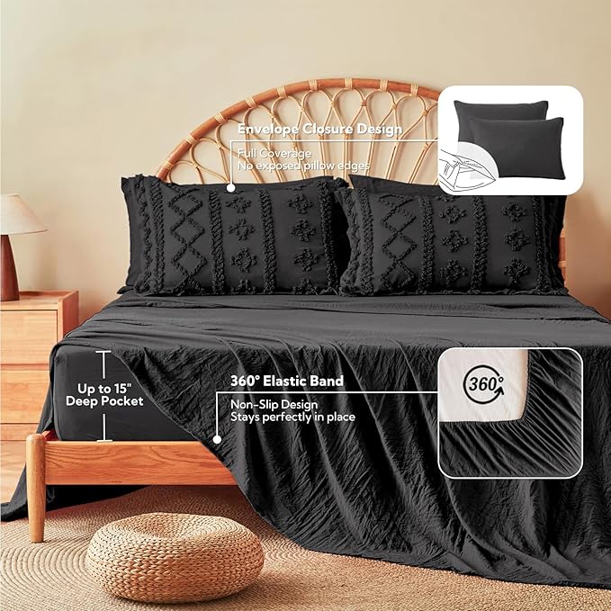 MR&HM Twin XL Comforter Set Black, 5 Pieces Tufted Boho Beddding Sets, Farmhouse Style Bed in a Bag with 1 Comforter, 1 Pillow Sham, 1 Pillowcase, 1 Flat Sheet, 1 Fitted Sheet for College Dorm
