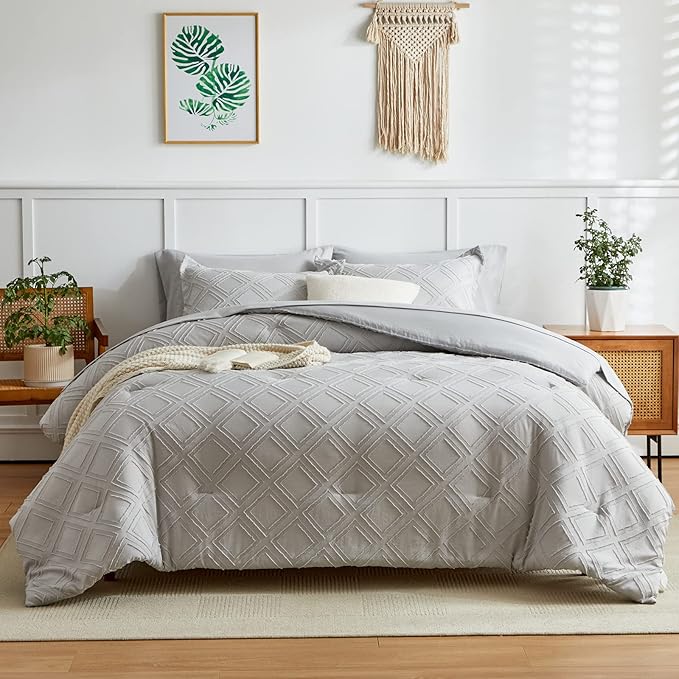 6 Pieces Tufted Bed in a Bag Twin Comforter Set with Sheets Light Grey, Soft and Embroidery Shabby Chic Boho Bohemian Design, Solid Color with Diamond Pattern, Jacquard Tufts Bedding Set for Kids