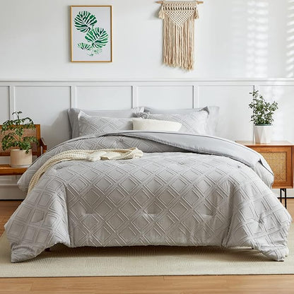 6 Pieces Tufted Bed in a Bag Twin Comforter Set with Sheets Light Grey, Soft and Embroidery Shabby Chic Boho Bohemian Design, Solid Color with Diamond Pattern, Jacquard Tufts Bedding Set for Kids