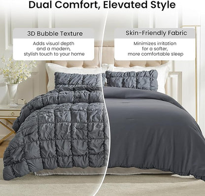 Amélie Home Queen Comforter Set, 3 Pieces Grey Bubble Bedding Set for All Season, Ultra Soft Cozy Comforter, Farmhouse Luxury Gift for Women Home Decor