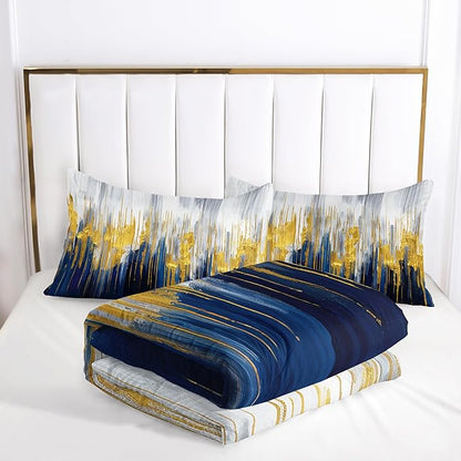 Blue White Gold Gradient Color Print Comforter Set Full Size,Abstract Art Bedding Set,Patchwork Printed Quilted Set for Teens Adult,with 1 Comforter and 2 Pillow Case