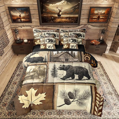 Erosebridal Hunting Bear Deer Bedding Set (Queen Size,7 Pieces) | Rustic Cabin Lodge Comforter Set with Sheets Country Patchwork Plaid Bed in A Bag Rural Maple Bear Paw Print Quilt Duvet Insert