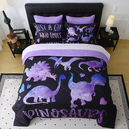 7 Piece Girls Dinosaur Comforter Set Twin Size Violet Dinonsaur Soft Microfiber Bed in A Bag with Comforter,Sheet Set,Pillowcase and Sham for Child Teens All Season