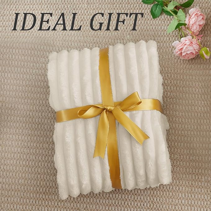 BEDELITE Fleece Throw Blanket for Couch - 300GSM Soft & Warm Fluffy Beige Blanket, Decorative and Giftable Striped Blankets for Women, Men, 50"x60"