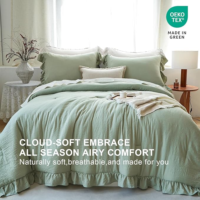 Sage Green Ruffle Comforter Set King, Pre-Washed Shabby Chic Bedding Set, Lightweight Cottagecore Soft Romantic Cozy 1 Comforter & 2 Shams, All-Season