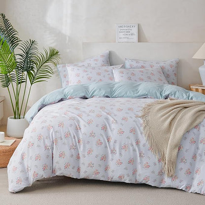 King Comforter Set Floral 3 Pieces Soft Cute Floral Bedding Comforter Lightweight Blue Garden Style Floral Botanical Comforter Set for All Seasons 1 Comforter and 2 Pillowcases