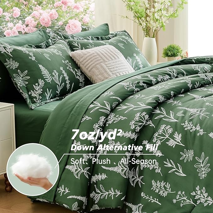 MUXHOMO Dark Green Full Comforter Set, Elegant Floral Print Bed in a Bag 7 Pieces, Ultra Soft & Breathable Reversible Botanical Pattern Bedding Set with Comforter, Sheets, Pillowcases, and Shams