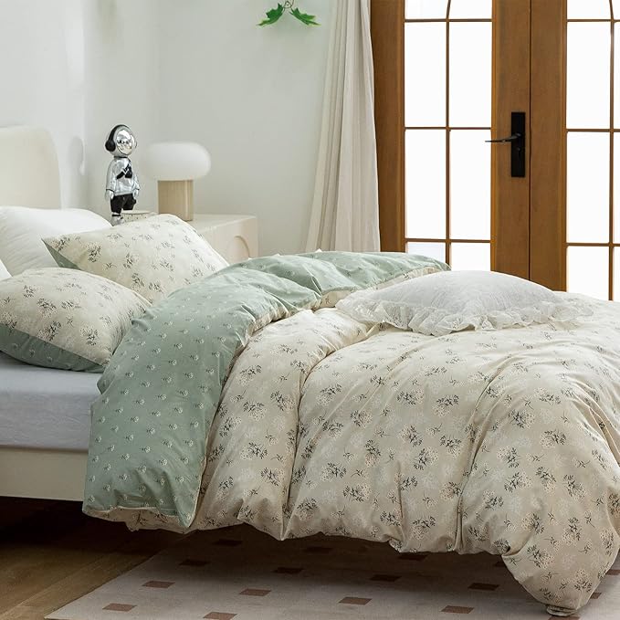 Floral Queen Comforter Set Soft Cute Floral Bedding Comforter Sets Garden Style Green Flower Print Botanical Flowers Queen Comforter Set for All Seasons 1 Comforter and 2 Pillowcases