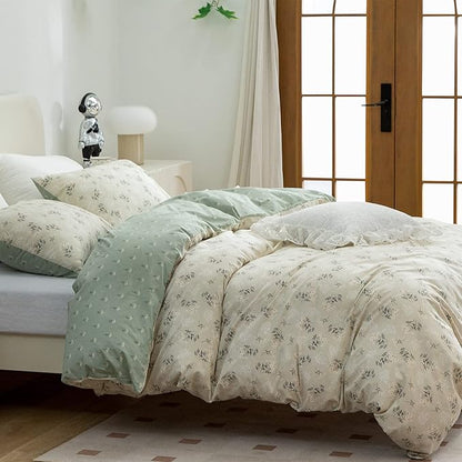 Floral Queen Comforter Set Soft Cute Floral Bedding Comforter Sets Garden Style Green Flower Print Botanical Flowers Queen Comforter Set for All Seasons 1 Comforter and 2 Pillowcases