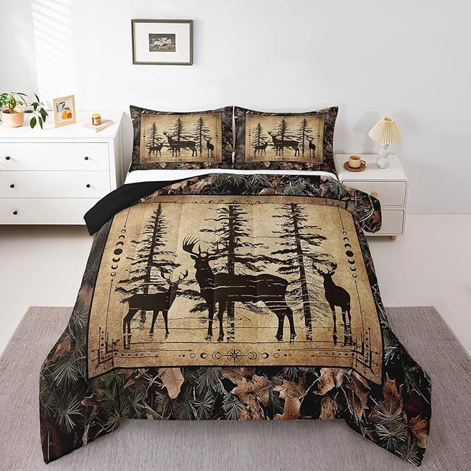 Erosebridal Camo Deer Full Comforter Set for Kids Boys Teen,Tree Branches Camouflage Hunting Bedding Set Woodland Animal Quilt Comforter Retro Pine Tree Wildlife Quilt Set 3 Pcs Bedroom Decor