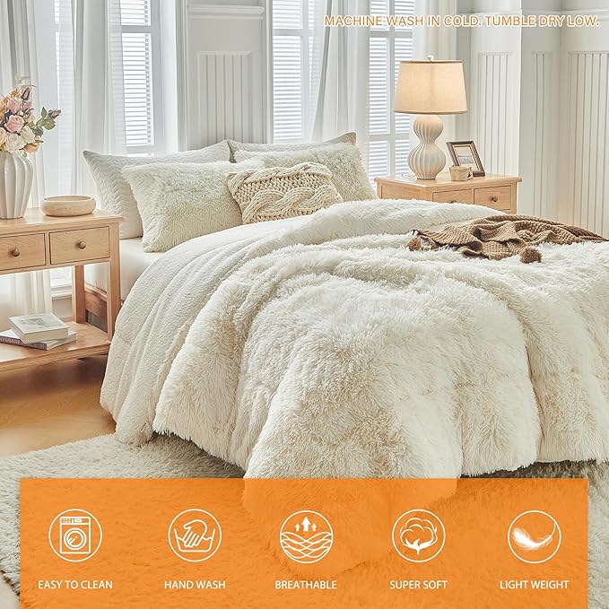 Faux Fur Shaggy Comforter Set Queen 3 Pieces - 1 Cream White Comforter Set with Sherpa and 2 Pillowcases, Ultra Soft and Easy Care Luxury Plush Shaggy Super Soft and Warm Beige Duvet Set
