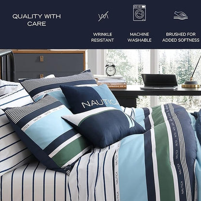 Nautica - King Comforter Set, Soft Woven Bedding with a Lightweight for Year Round Comfort, 5 Piece Bed Set with Matching Pillowcases & Bonus Throw Pillows (Elliot Blue)