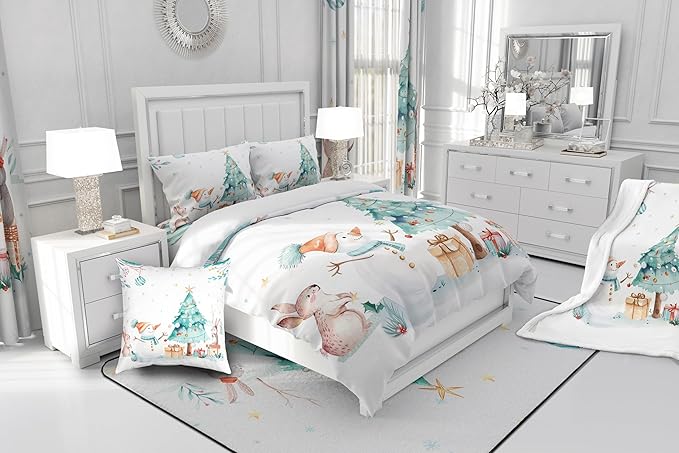 Cute Snowman Comforter Set Twin Size,Cartoon Rabbit Christmas Tree Bedding Set 2Pcs for Kids Girls Boys Teens Room Decor,Merry Christmas Quilt Set Winter Snowflake Duvet Insert,1 Pillowcase