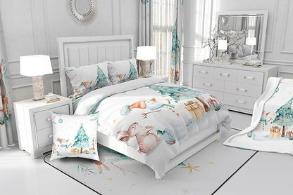 Cute Snowman Comforter Set Twin Size,Cartoon Rabbit Christmas Tree Bedding Set 2Pcs for Kids Girls Boys Teens Room Decor,Merry Christmas Quilt Set Winter Snowflake Duvet Insert,1 Pillowcase