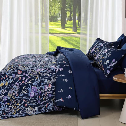 Yiran Navy Floral Comforter Set Queen Size, 7 Piece Blue Botanical Flowers Comforter Bedding Set, Bed in a Bag Queen, Soft Microfiber Complete Bedding Set with Sheets for All Season