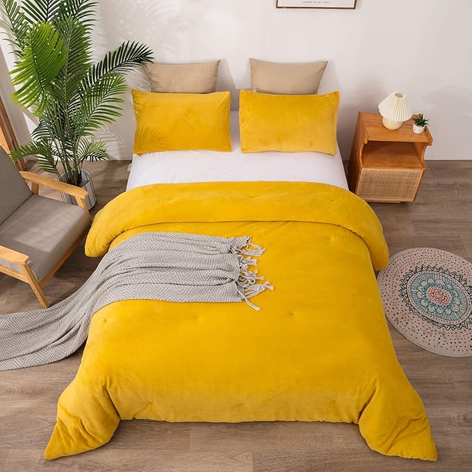 Cottonight Mustard Yellow Velvet Comforter Set Queen Plush Flannel Fluffy Yellow Bedding Comforter Set Micromink Sherpa Warm Heavyweight Winter Comforter for Women Men Adults Teens