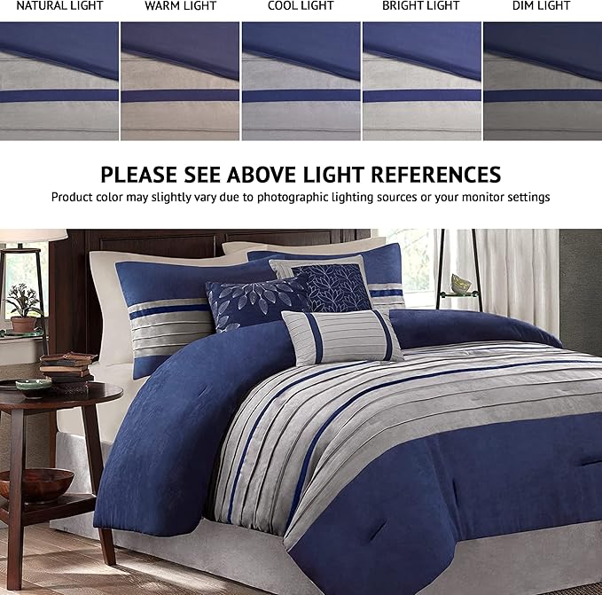 Madison Park Cozy Comforter Set-Luxury Faux Suede Design, Striped Accent, All Season Down Alternative Bedding, Matching Shams, Decorative Pillow, Blue, California King (104 in x 92 in)