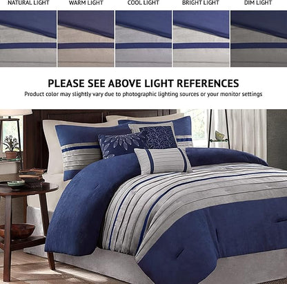 Madison Park Palmer Comforter Set-Luxury Faux Suede Design, Striped Accent, All Season Down Alternative Bedding, Matching Shams, Decorative Pillow, Bed Skirt, Queen (90 in x 90 in), Blue 7 Piece