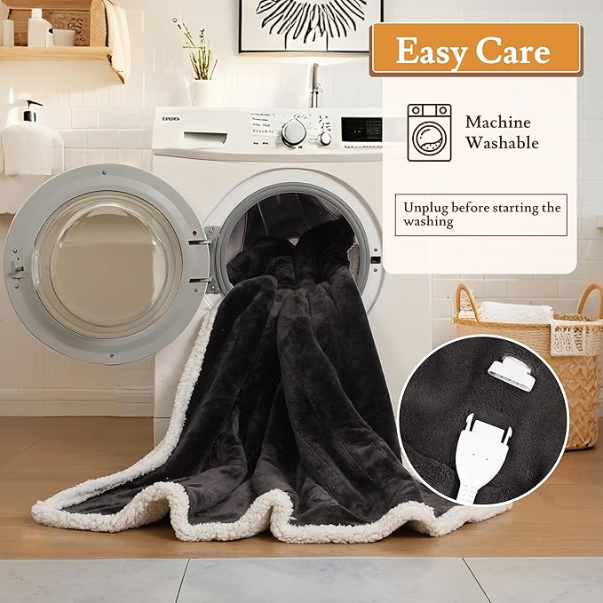 Electric Heated Blanket 62"x84" Twin Size Flannel & Sherpa - 4 Heat Settings & 10H Auto Shut Off for Safe Overnight Use, Fast Heating, Machine Washable for Bed, Couch, Office - Dark Gray