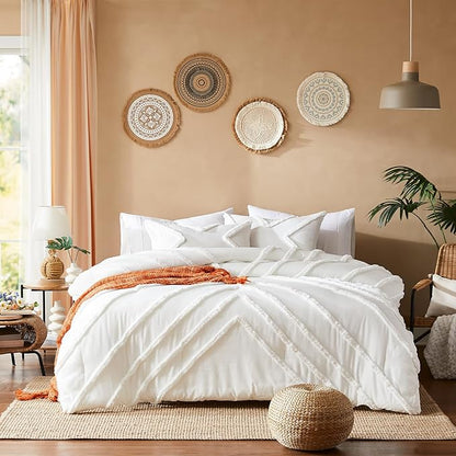 Cupocupa Queen Comforter Set Ivory Tufted Comforters Sets Bedding for Queen Bed 3PCS Boho Comforter Soft Fluffy Lightweight Comforter with 2 Pillow Cases for All Season